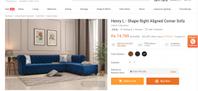 BIG DEAL  | Henry L - Shape Right Aligned Corner Sofa (Velvet, Indigo Blue)