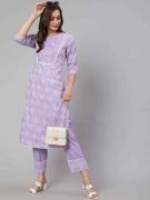 Lavender Ethnic Paisley Printed Cotton Kurta With 