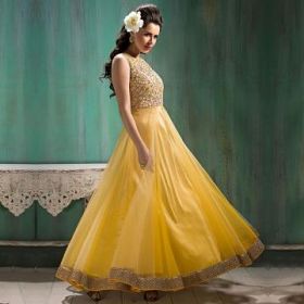 YELLOW GOLD COMBINATION LONG DESIGNER ANARKALI SUI