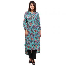 Blue Printed Cotton Front Back Up Down Kurta