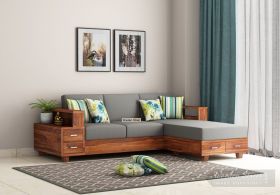 Solace L-Shaped Wooden Sofa (Honey Finish)