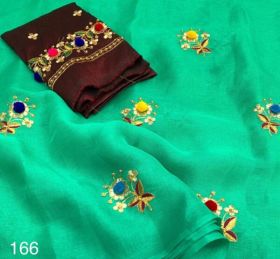 166 – Linen Organza Saree With Allover Embroidery