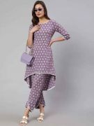 Lavender Woven Asymmetric Hemline Printed Kurta 