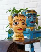 Handcrafted Traditional Wooden Face Bust (Set of 2