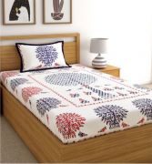 Screen Print White Cotton Floral Single Bed Sheet