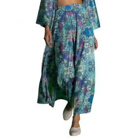 BLUE FLORAL SATIN WIDE-LEG PANTS