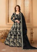 Black Color Heavy Embroidery Taffeta Silk Floor Le