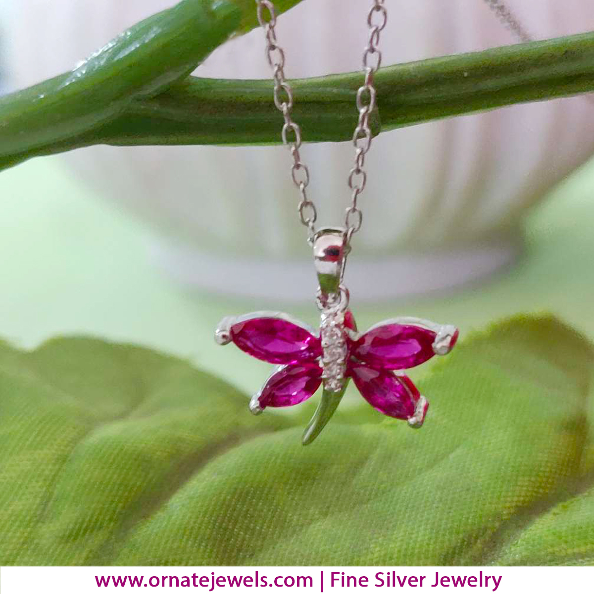 Buy Silver Ruby Butterfly Pendant with Chain Online