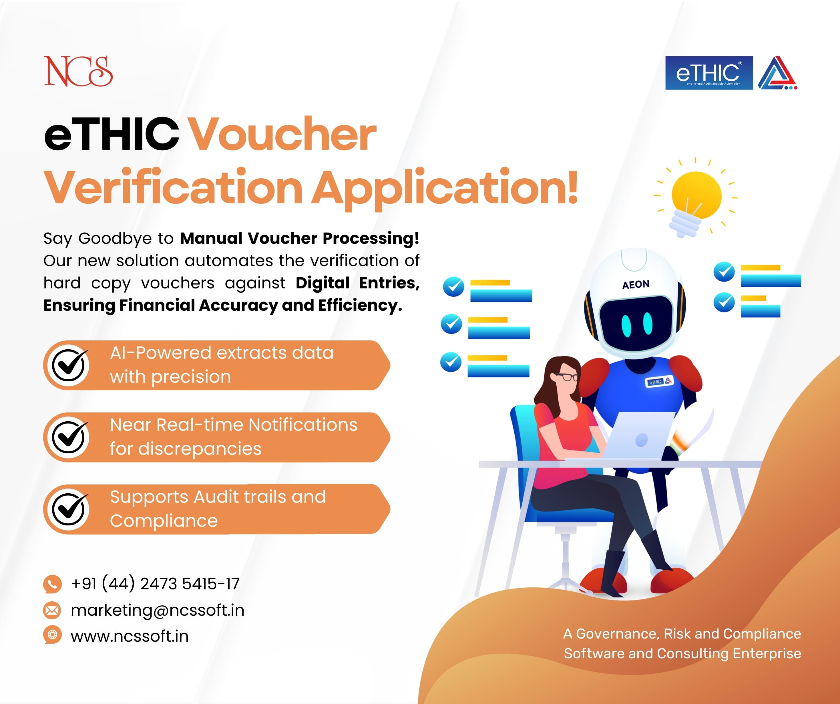 eTHIC Voucher Verification Application! Automate verification, detect discrepancies in real-time and ensure compliance with AI-powered precision. Say goodbye to manual errors—contact us today! www.ncssoft.in #NCS #eTHIC #FinanceTech #AI #Automation #V