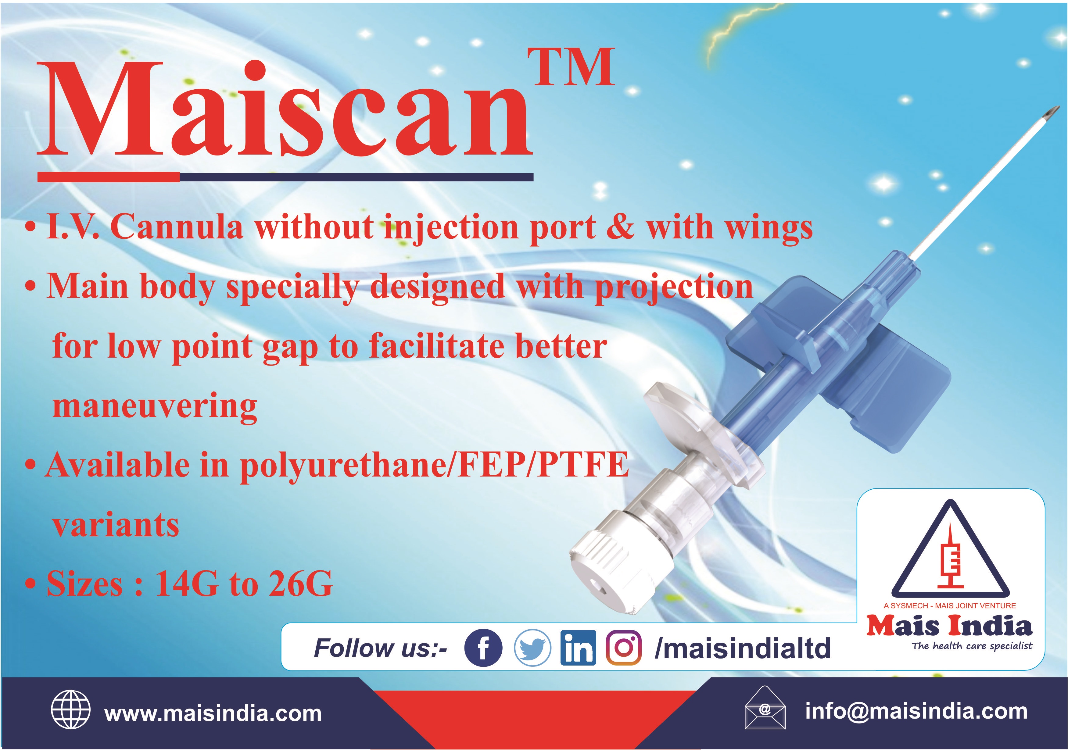 Buy I.V Cannula without injection port and with wings(MAISCAN)