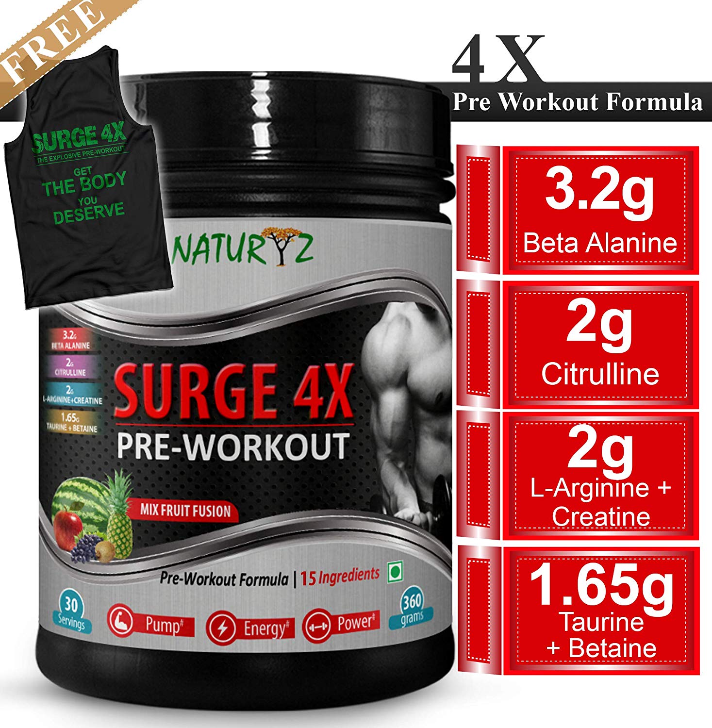 NATURYZ Surge 4x Advanced Pre-Workout Formula 360 gm