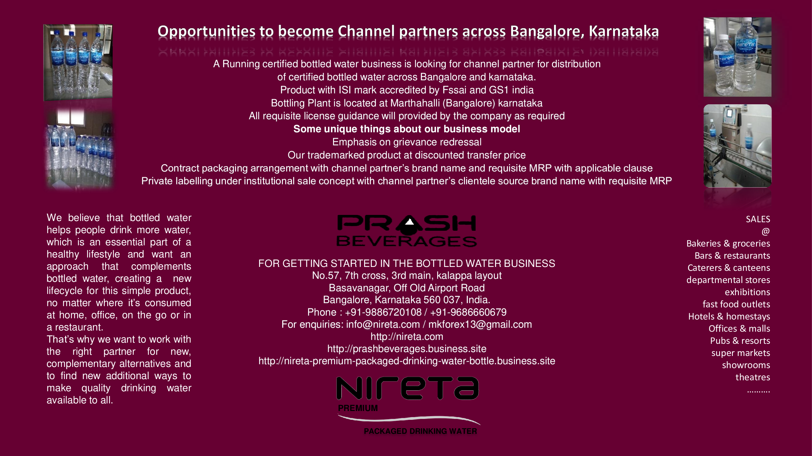 Channel Partner for Distribution of certified bottled water across Bangalore, karnataka