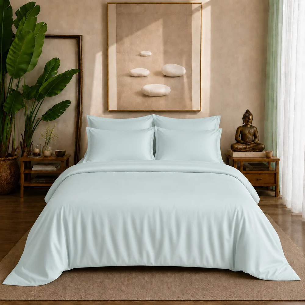 ZenAlyaa pastel teal eucalyptus bedsheet duvet cover with pillowcases