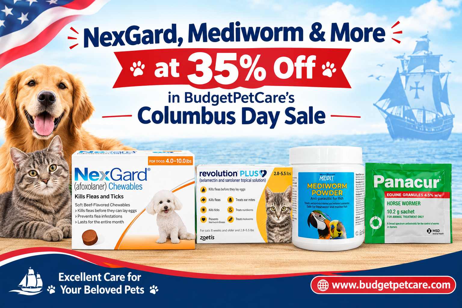 NexGard, Mediworm & More at 35% Off in BudgetPetCare’s Columbus Day Sale