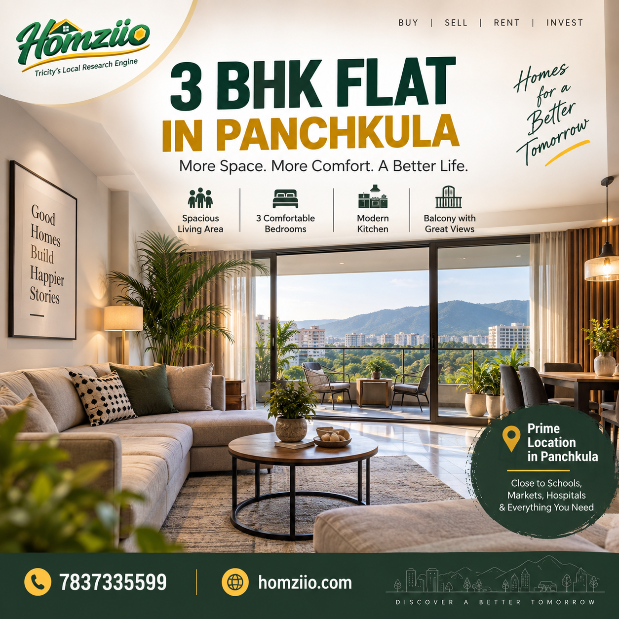 Spacious 3 BHK Flat in Panchkula Ready to Move - Homziio